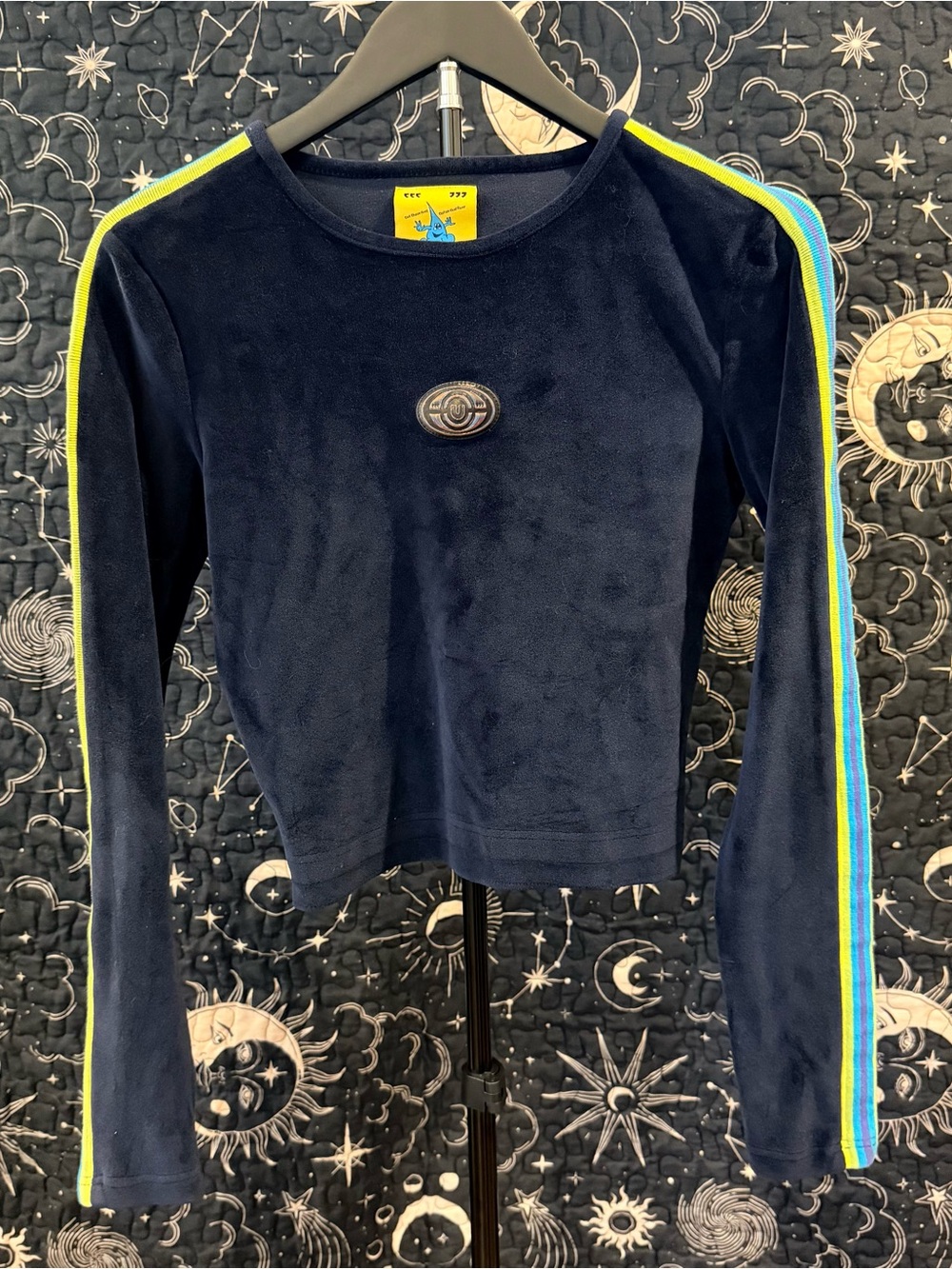 UNIF Navy Velour Long-Sleeve Top with Yellow & Cyan Stripes